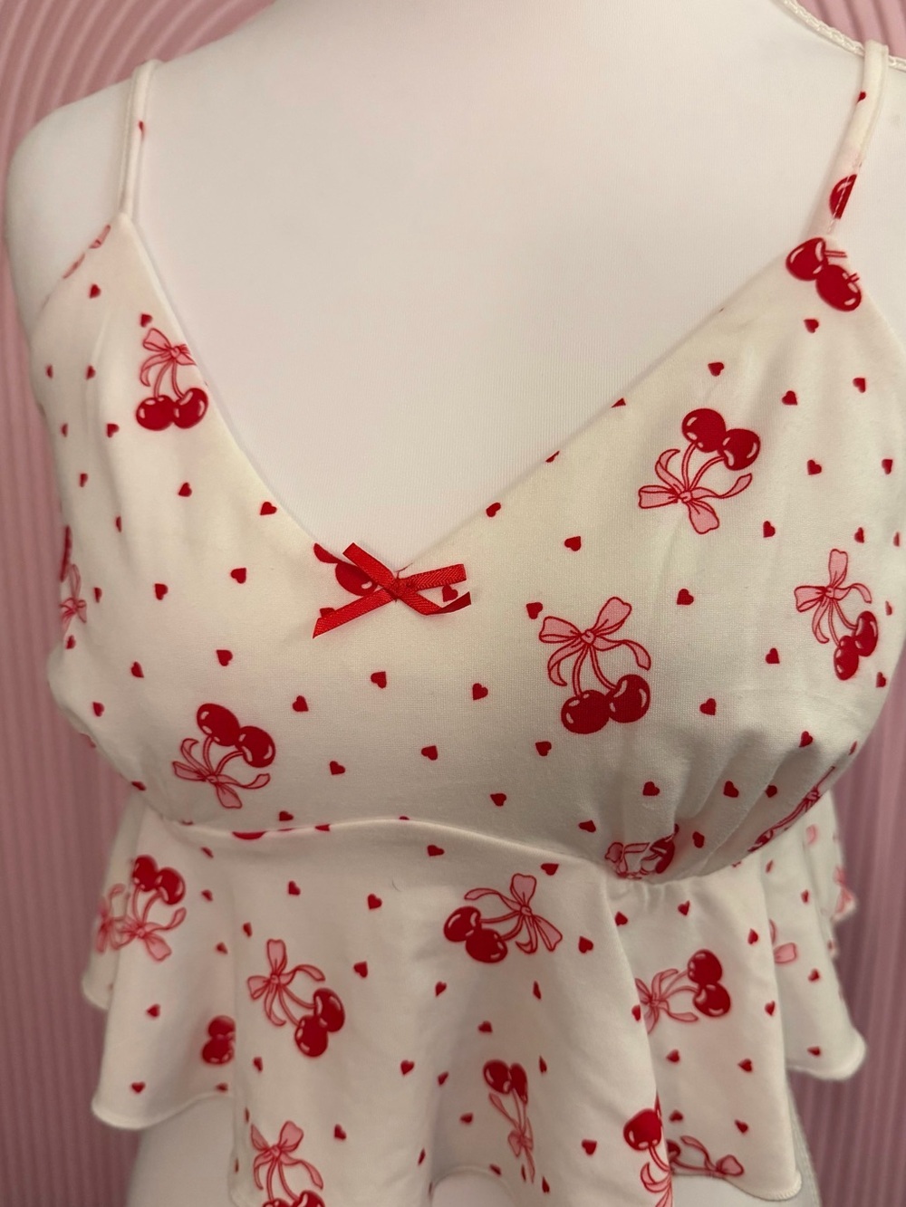 Altar'd State White Spaghetti Cami with Red Cherry & Heart Print